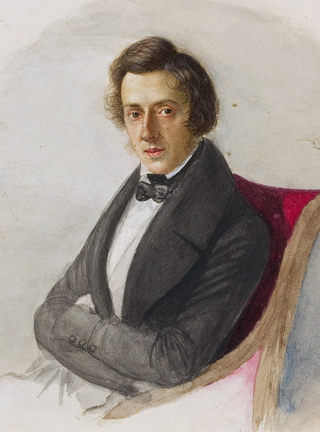 Easy Chopin pieces. Painted portrait of Frederic Chopin in suit and bowtie.
