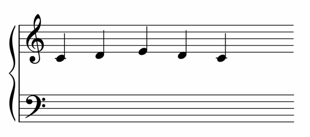 Notes C-D-E-D-C up-down on grand staff.