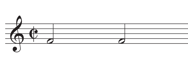 Cut time symbol (C with line through it) on five line staff.