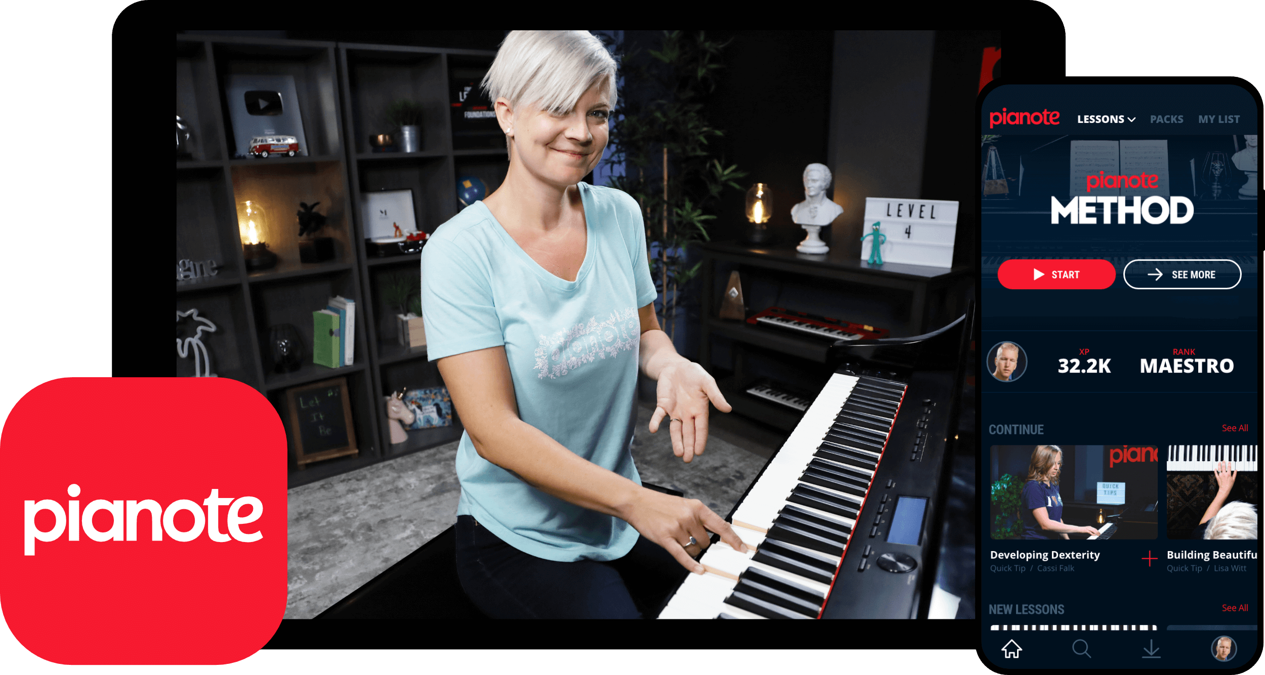 Woman with short platnium hair showing hand playing chord on piano. Pianote logo in red. Screenshot of Pianote mobile app.
