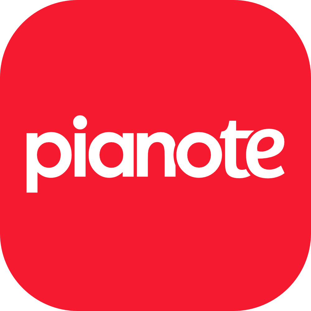 Red Pianote logo with rounded corners.