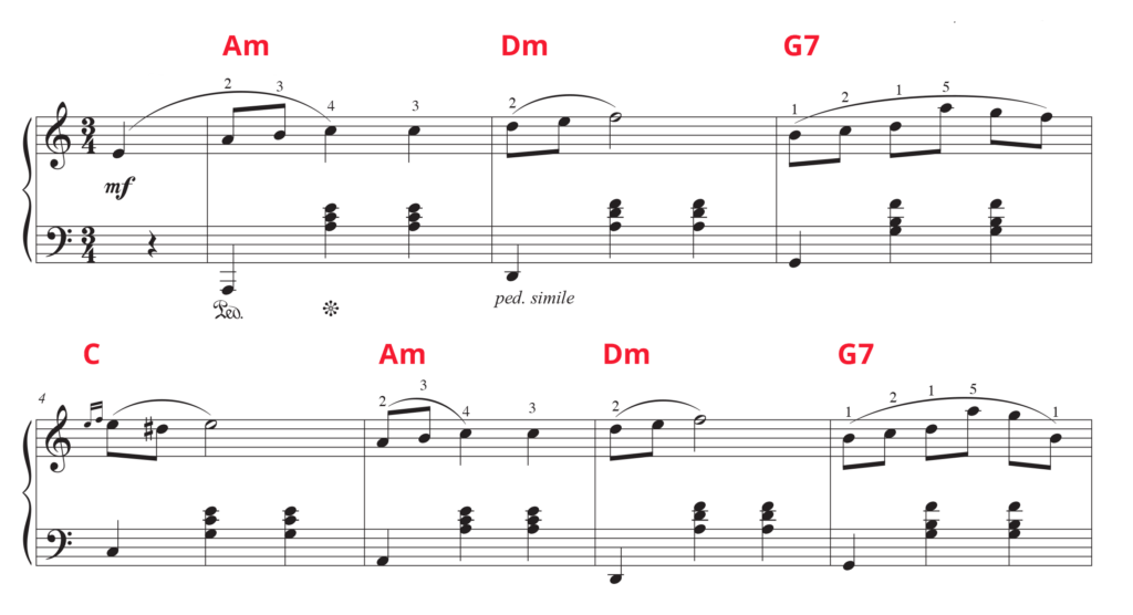 First two lines of Chopin Waltz in A Minor sheet music in standard notation with chord symbols in red.