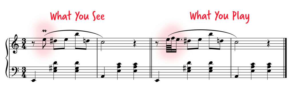 Standard notation showing what a mordent look like and what you play.